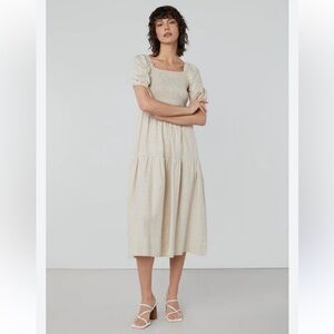 NEW OAK + FORT smocked tiered linen blend midi dress